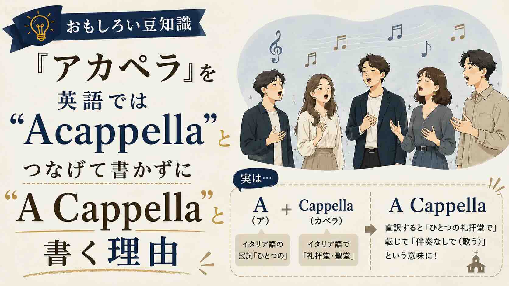 【おもしろい豆知識】『アカペラ』を英語では”Acappella”とつなげて書かずに”A Cappella”と書く理由